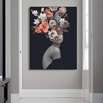 Amazon.co.jp: 現代女性フラワーヘッドキャンバス絵画ピンクのバラと